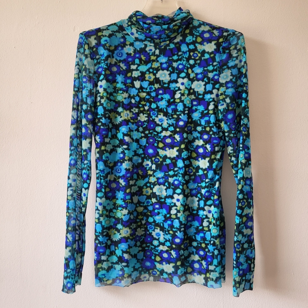 Ganni Blue Floral Long Sleeve Blouse